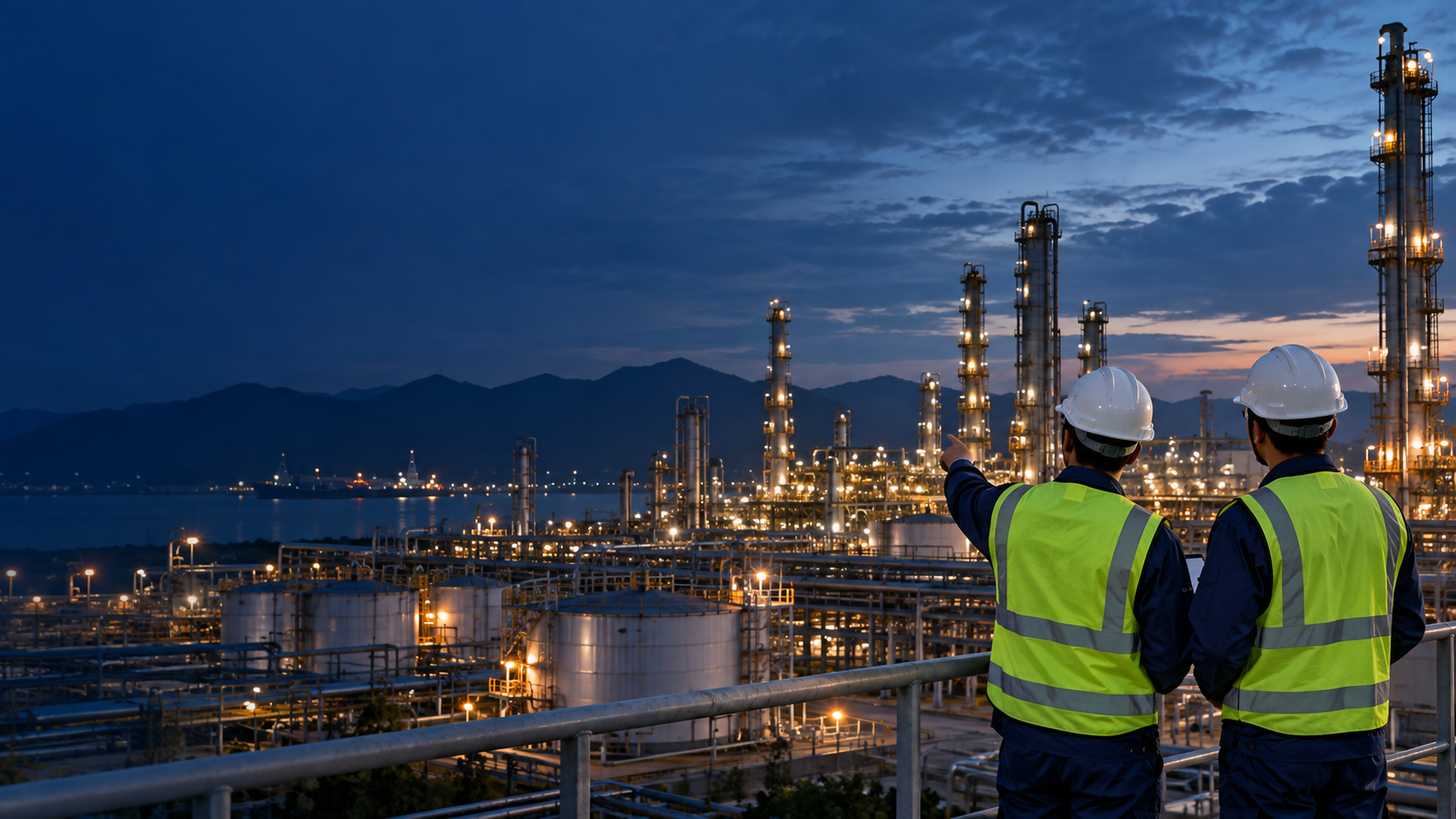 Technical personnel at a refinery in clean workwear