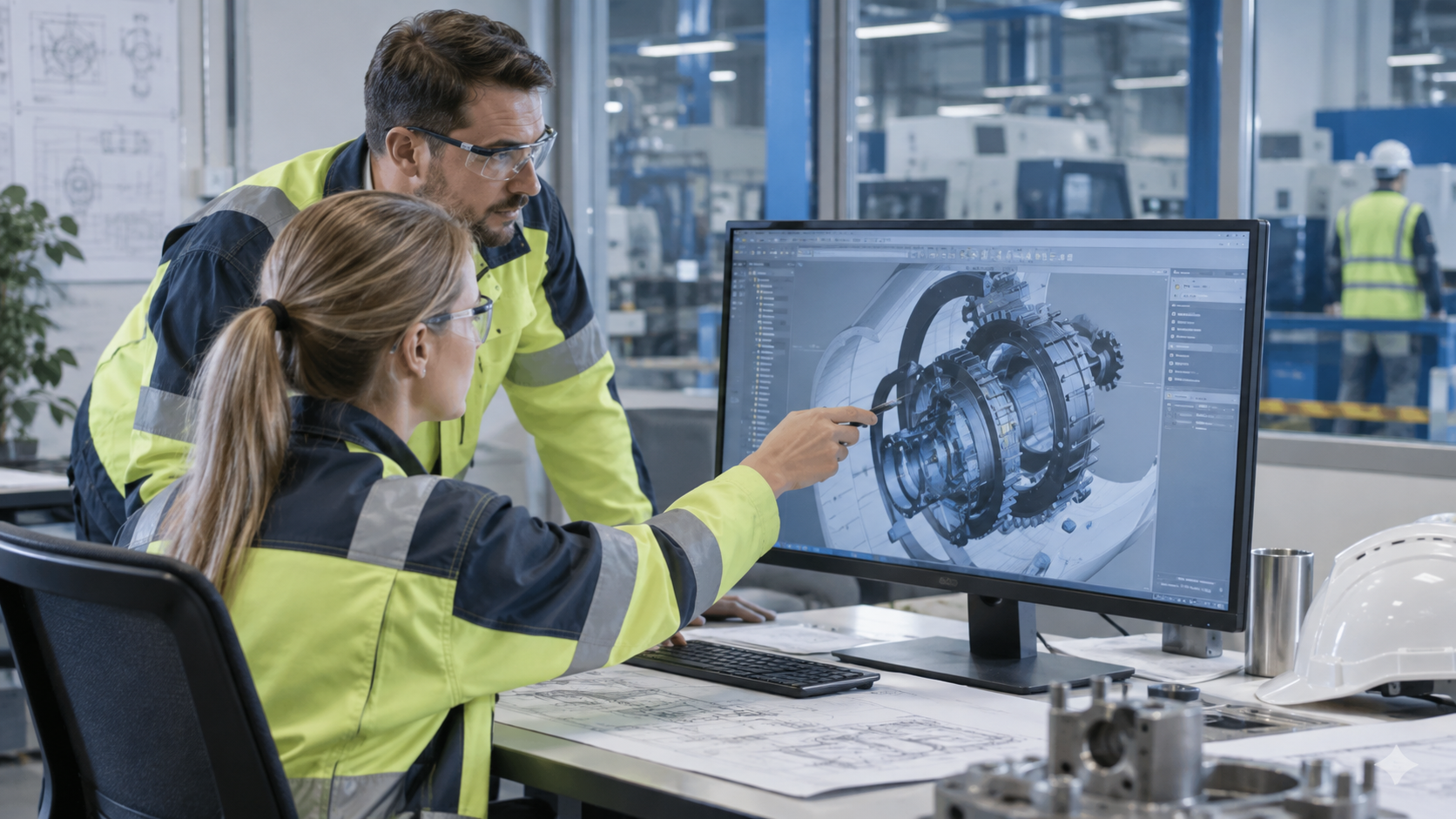 Engineering personnel reviewing a technical model